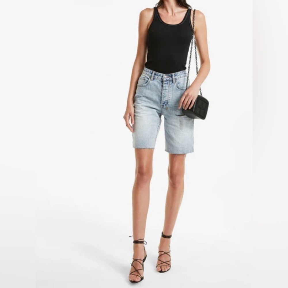 #49 NWT Ksubi Brooklyn Ripped Denim Relaxed Bermuda Short in Denim Blue